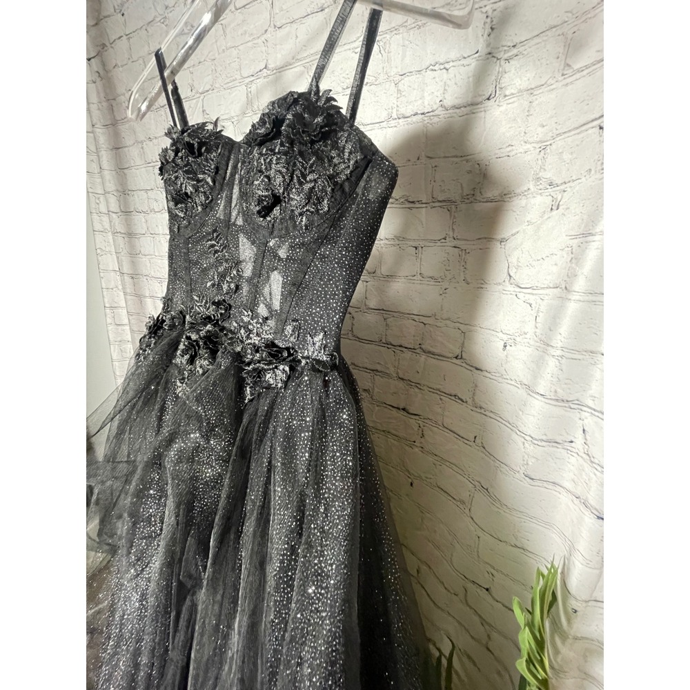 Black Glitter Tulle Gown 3D Floral Corset High Low Prom Formal Dress